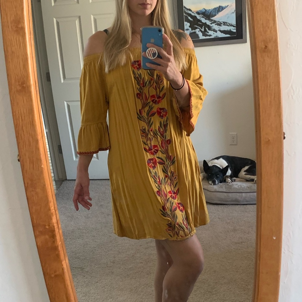 Solitaire Off The Shoulder Embroidered Mini Dress